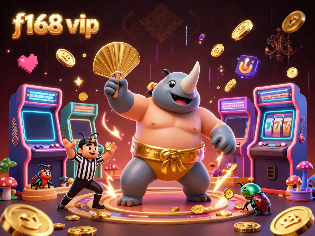 Experience the thrill of f168 vip with a vibrant 3D casino scene featuring a sumo beetle champion amidst colorful game elements.