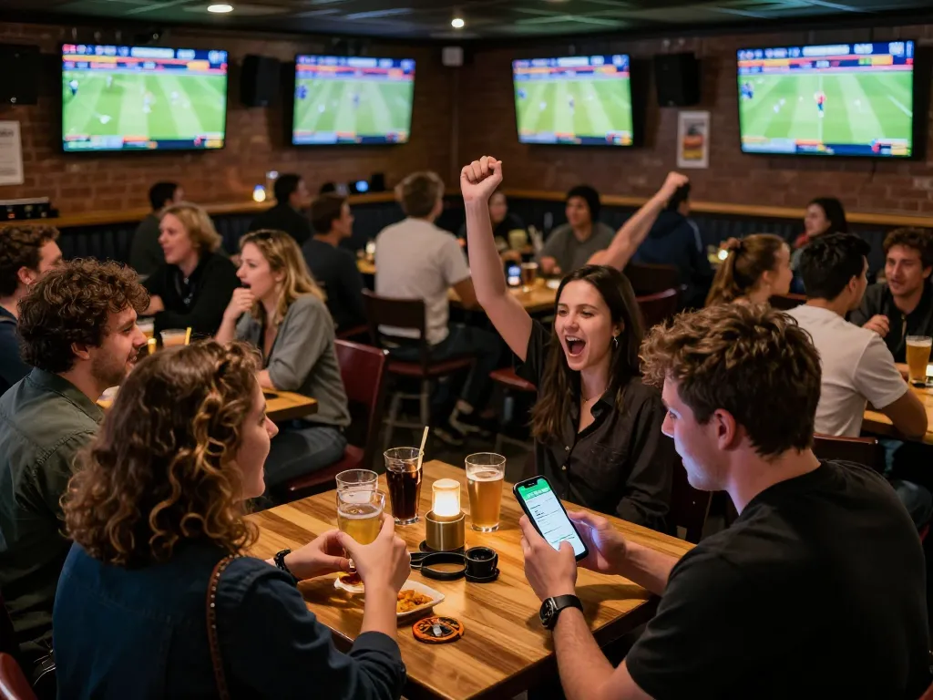 Join the excitement of go8 sports betting with enthusiastic fans cheering at a vibrant sports bar.