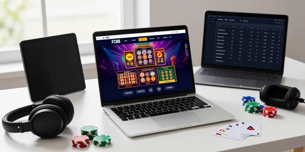 FC88 online gambling platform interface on modern laptop with vibrant casino graphics and accessories.
