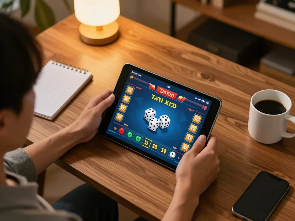 Engaging gameplay of tai xiu online on a tablet, showcasing a strategic approach in a cozy home setting.