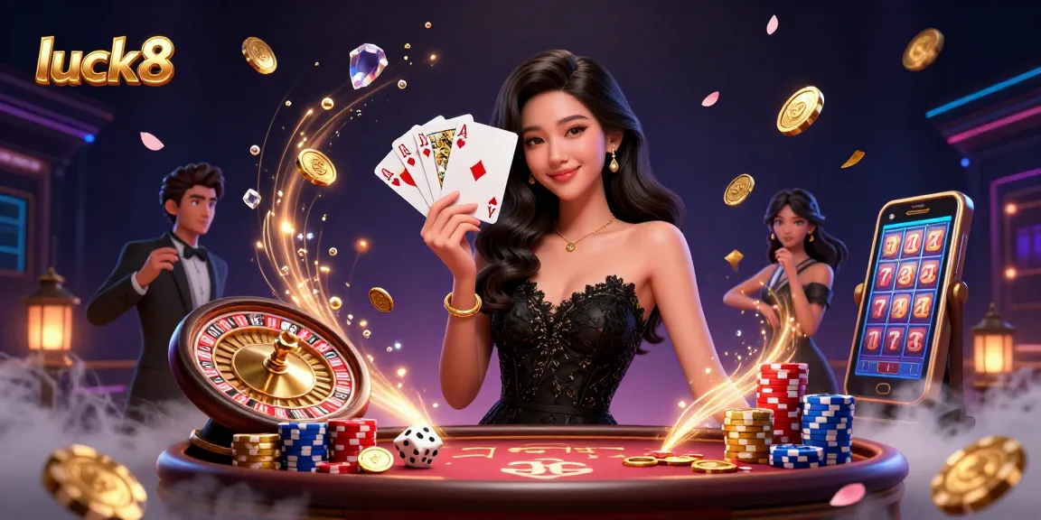 Experience thrilling gameplay with luck8 as an elegant Asian woman showcases her poker skills against a luxurious casino backdrop.
