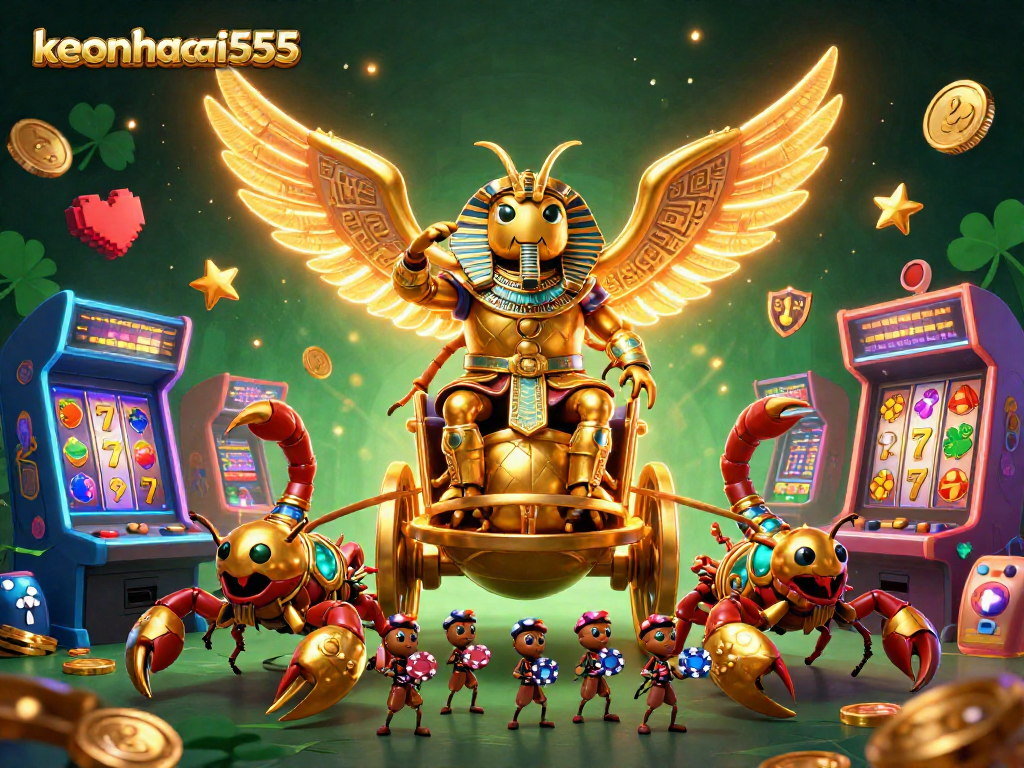 Join keonhacai555 to unlock thrilling slot gameplay with a dynamic 3D casino illustration.