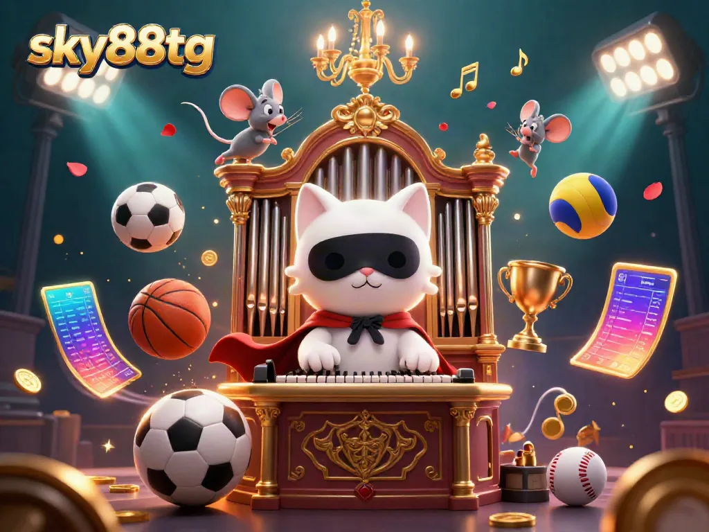 Gaming at sky88tg casino with a cat organist and acrobat mouse illuminated by sports elements.