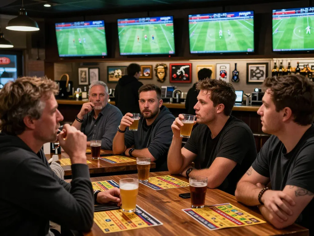 Excited bettors analyzing tỷ lệ bóng đá kèo nhà cái while watching live sports in a sports bar.