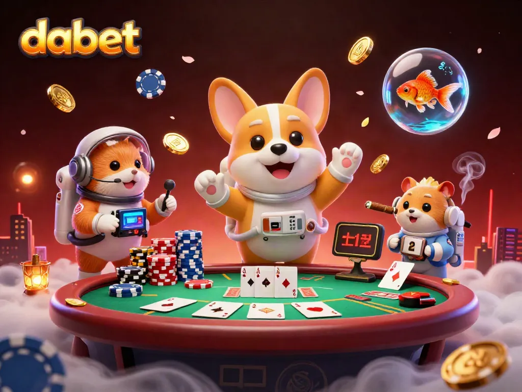 Experience dabet's thrilling space casino adventure with a floating corgi and poker elements.