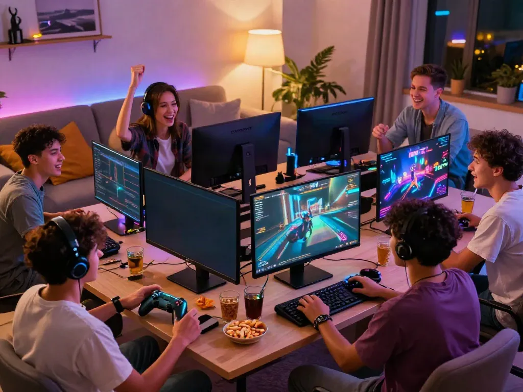Group of friends enjoying online games at https://nbet.group/ in a vibrant living room setting.