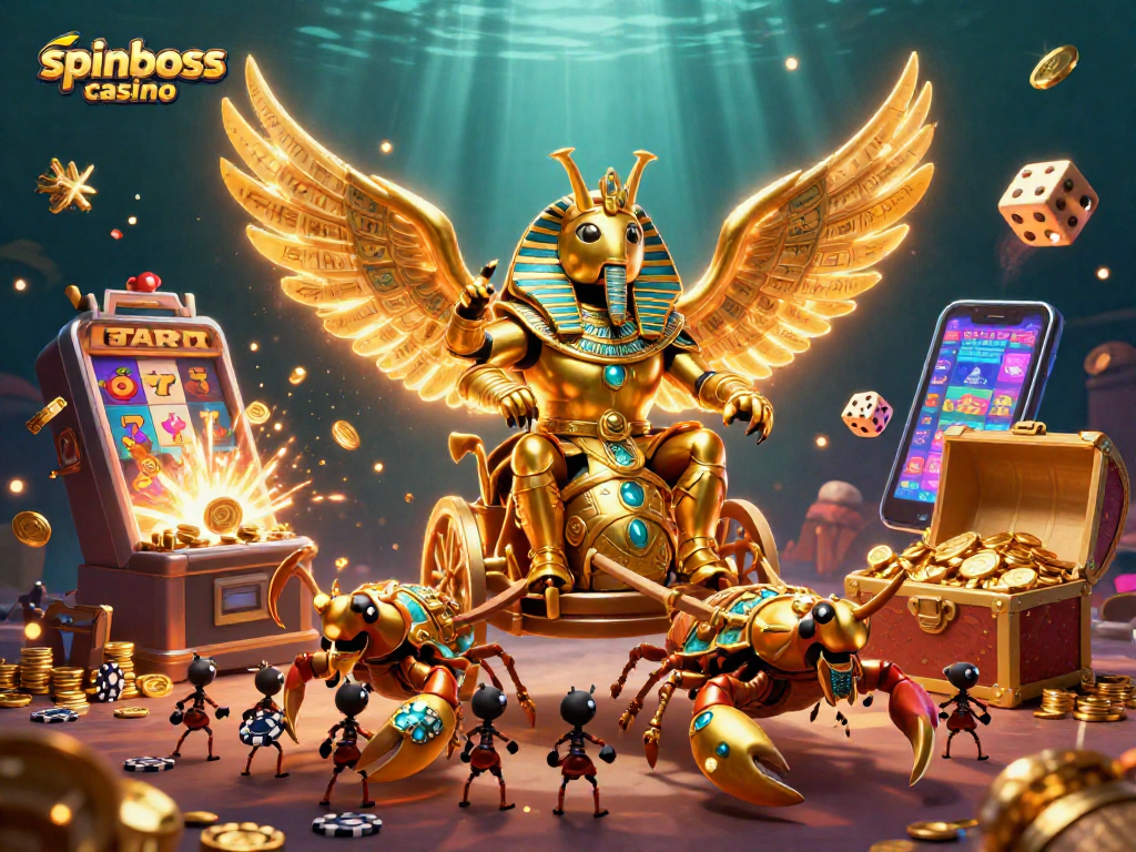 Spiele im Spinboss Casino mit einem riesigen goldenen Skarabäus und aufregenden Spielautomaten