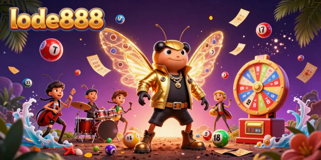 Engage in thrilling games at lode888 with a vibrant scene of cartoon characters amidst lottery excitement.