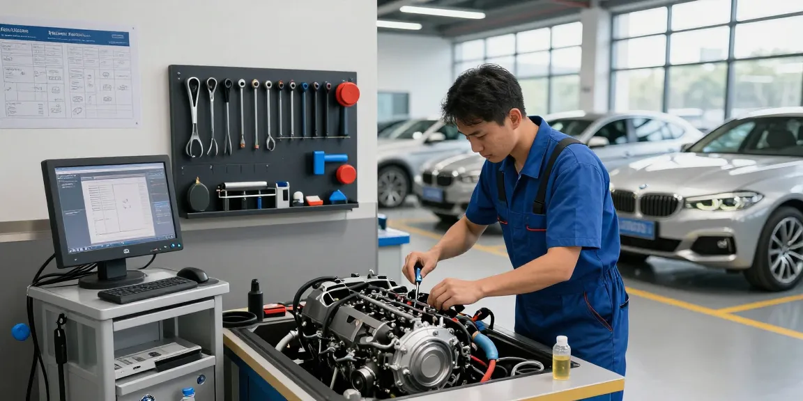 Fachtechniker bei BMW Spezialisten Hannover, der Motorreparaturen in einer modernen Werkstatt durchführt
