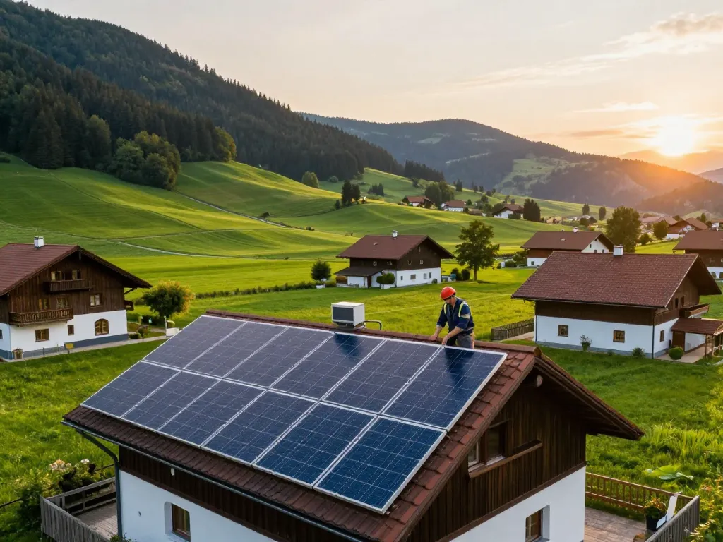 Installation von Photovoltaik Bayern auf bayerischen Dächern, die nachhaltige Energie auf dem Land zeigt.