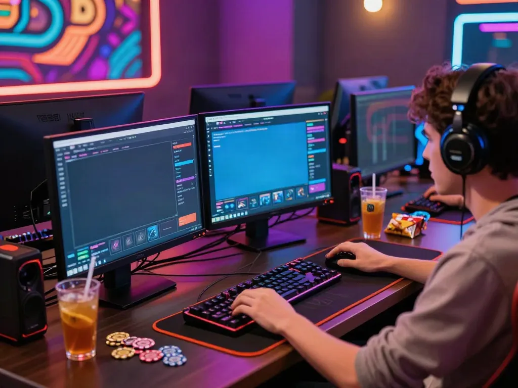 Player engaging with the KU88 online gaming platform, surrounded by gaming gear and vibrant lighting.