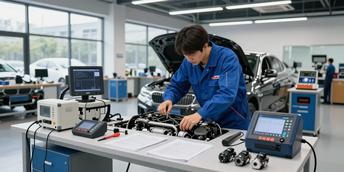 BMW Werkstatt mit einem qualifizierten Techniker, der einen Motor in einer modernen Autofachwerkstatt inspiziert.