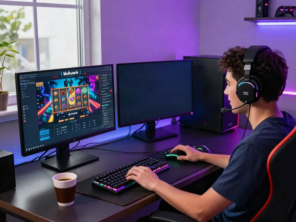 A vibrant gaming setup showcasing the Nohuwin experience, featuring a player, colorful graphics, and stylish accessories.
