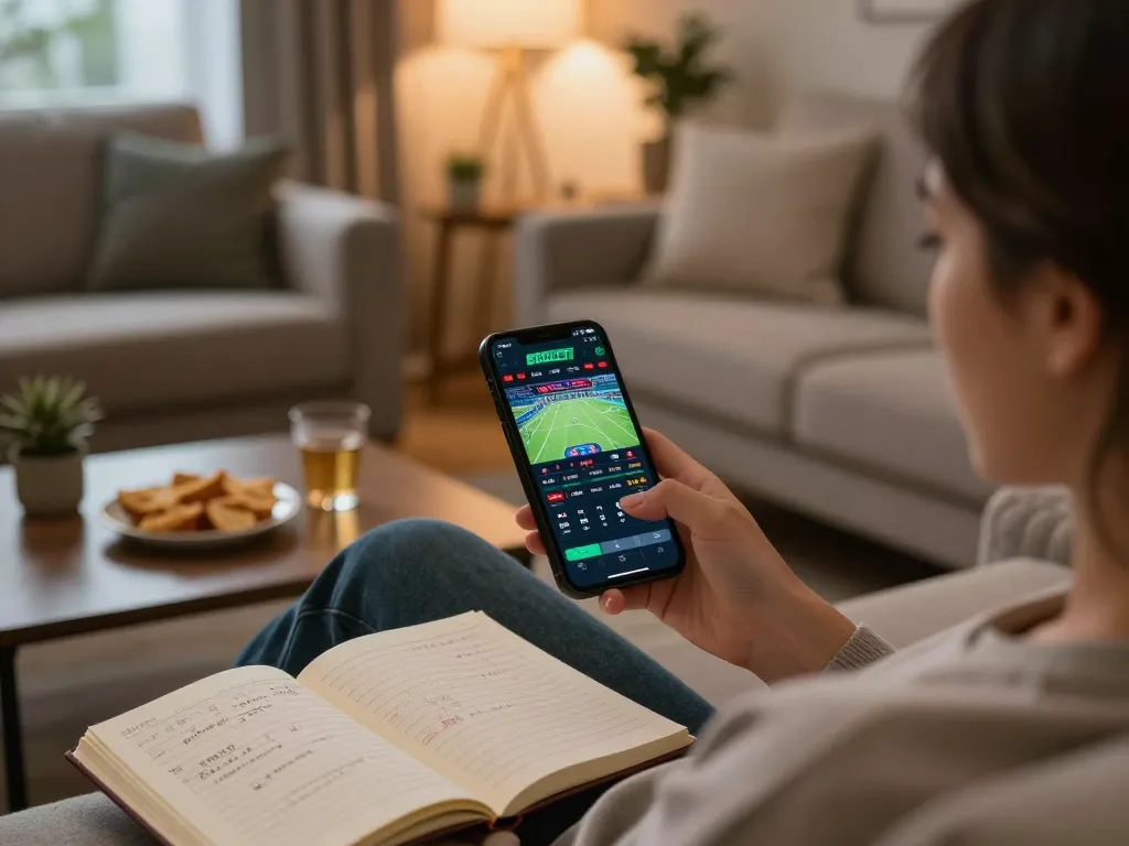 Pengalaman bermain mobile SBOBET yang menampilkan seseorang yang merencanakan taruhan dari rumah.