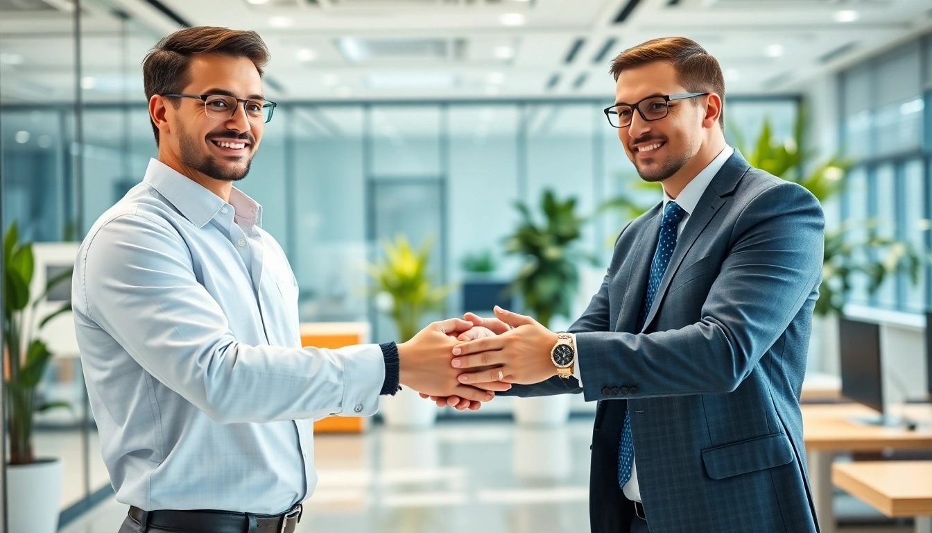 Headhunter Ingenieure bei einem professionellen Treffen im modernen Büro, fester Händedruck.