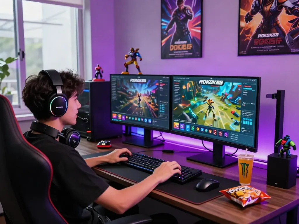 Enthusiastic gamer performing rokok88 login on dual-monitor setup in a vibrant gaming studio