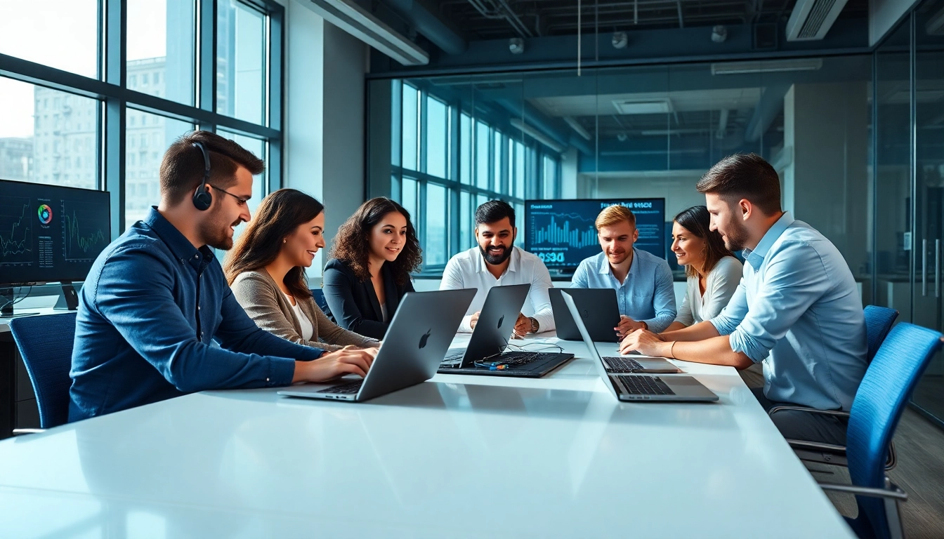 IT Support bietet professionelle Teamarbeit in modernem Buero mit technologischem Equipment.