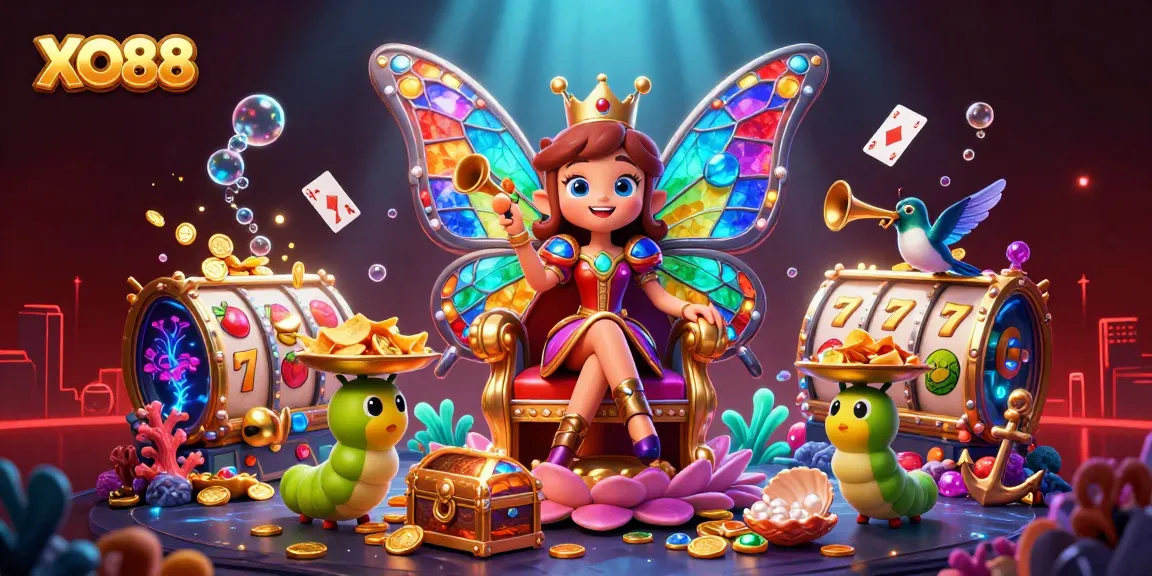 Experience the vibrant gaming world of XO88 with a colorful 3D scene showcasing slots and casino elements.
