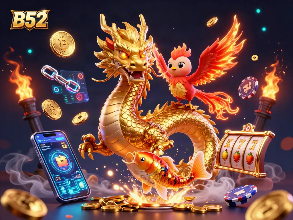 Engage with B52 through a vibrant scene featuring a golden dragon, phoenix, and koi fish amidst dynamic casino-themed elements.