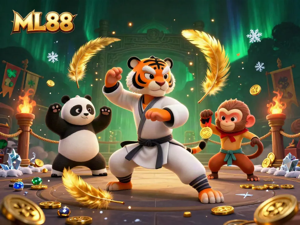 Experience the lively action at ML88 with a kung fu master and panda in a dynamic gaming scene.