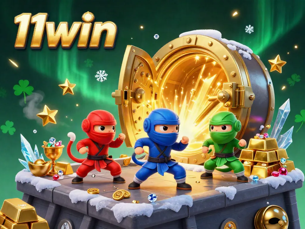 Engaging 3D illustration of a colorful team of chameleon ninjas amid the vibrant world of 11win's casino treasure.