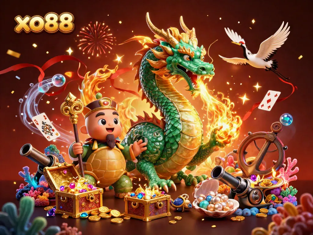 Experience the thrill of xo88 with an emerald jade dragon and treasures from a vibrant underwater world.