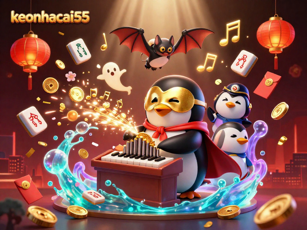 Experience the magic of keonhacai55 with a vibrant 3D scene of a penguin playing an organ