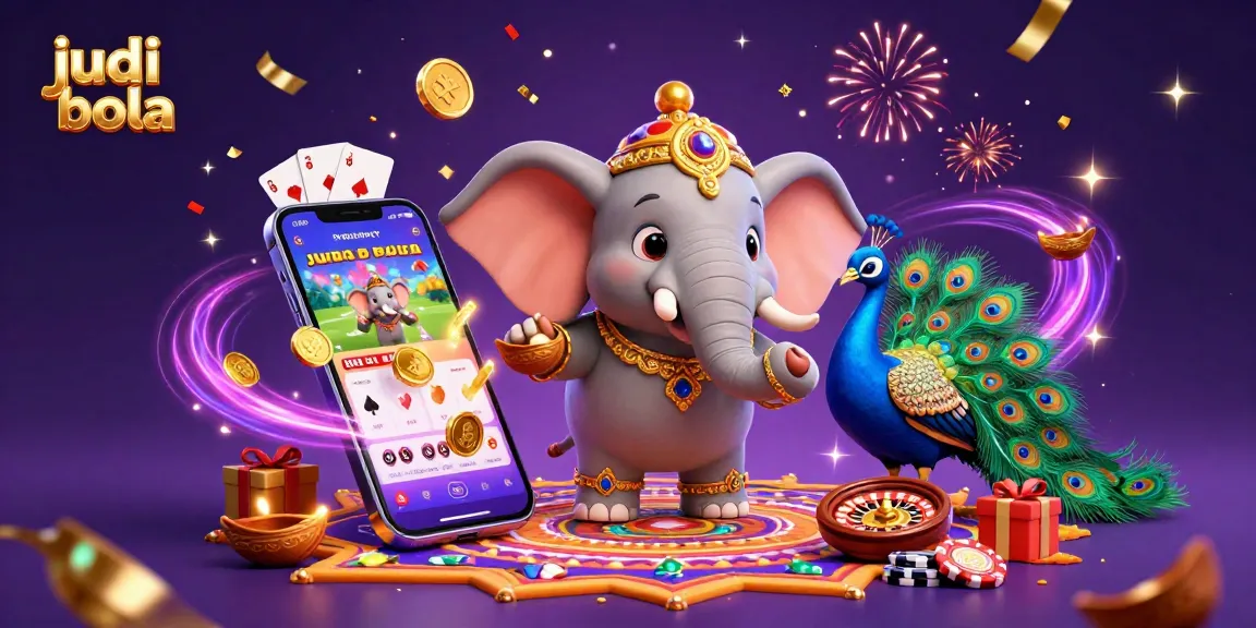 Engage in judi bola with an energetic scene featuring a colorful elephant and peacock amidst dynamic betting elements.