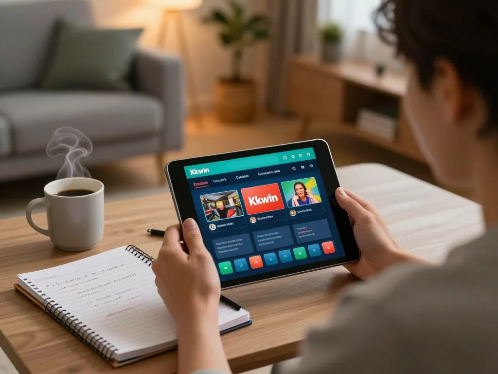 Kkwin player enjoying online gaming session at home with tablet and strategy notes