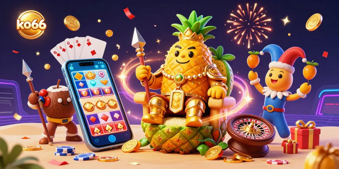 Spin and win with the vibrant casino scene featuring ko66's golden pineapple king and festive game elements.