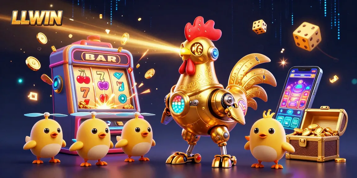 Engage with LLWIN's vibrant casino scene featuring a golden rooster robot and treasure-filled slots.