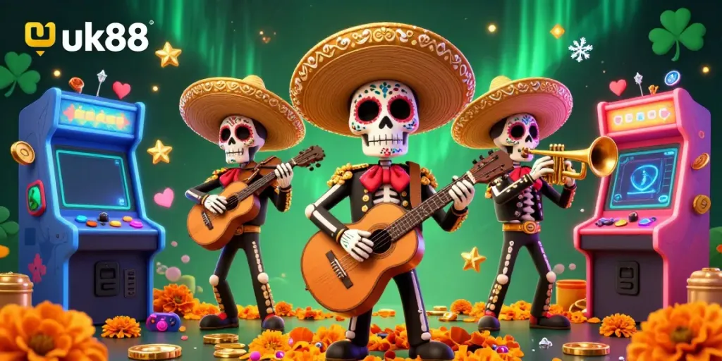 Experience the thrill of uk88 with a colorful mariachi band surrounded by gaming and casino elements.