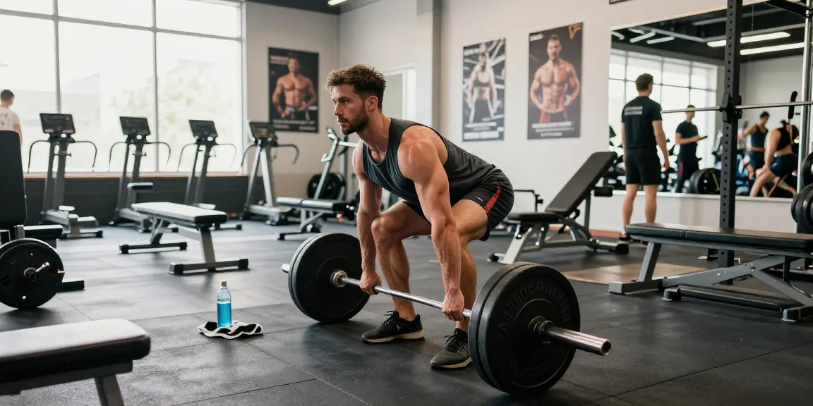 Anabolika Shop Deutschland dynamische Fitness-Szene mit einem Bodybuilder, der Gewichte in einer hellen Fitnessstudio-Umgebung mit motivierenden Elementen hebt.