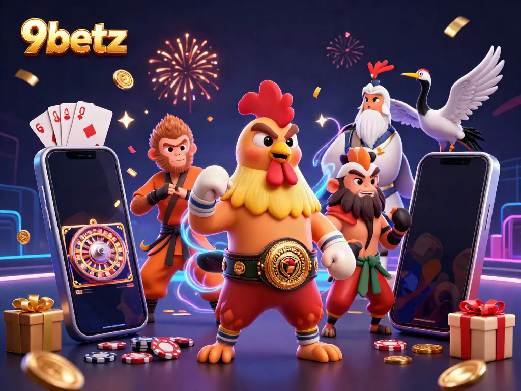 Engage with 9betz through a cartoon-themed gambling scene featuring exciting casino elements