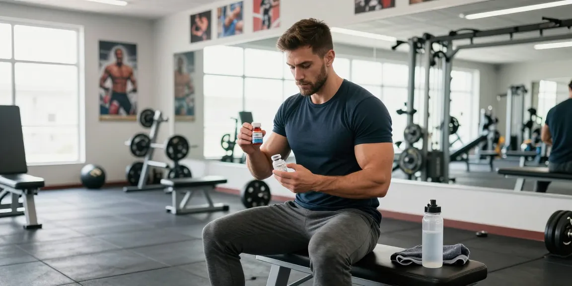 Anabolika Shop athlete preparing for workout with anabolic steroids in modern gym.