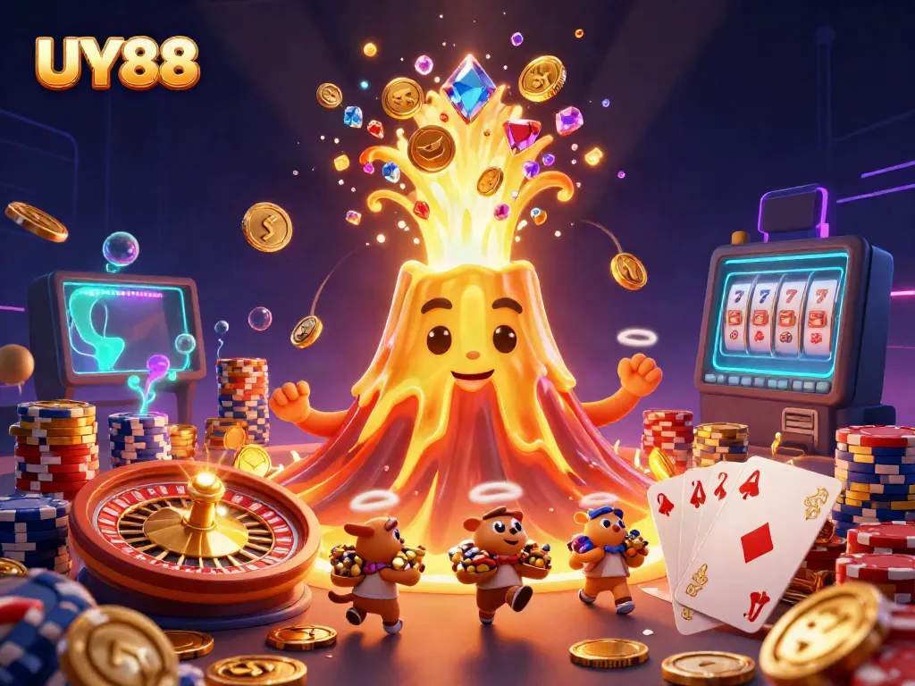 Experience the lively world of UY88 with treasures erupting from the golden volcano, sparkling gems, and gameplay elements.