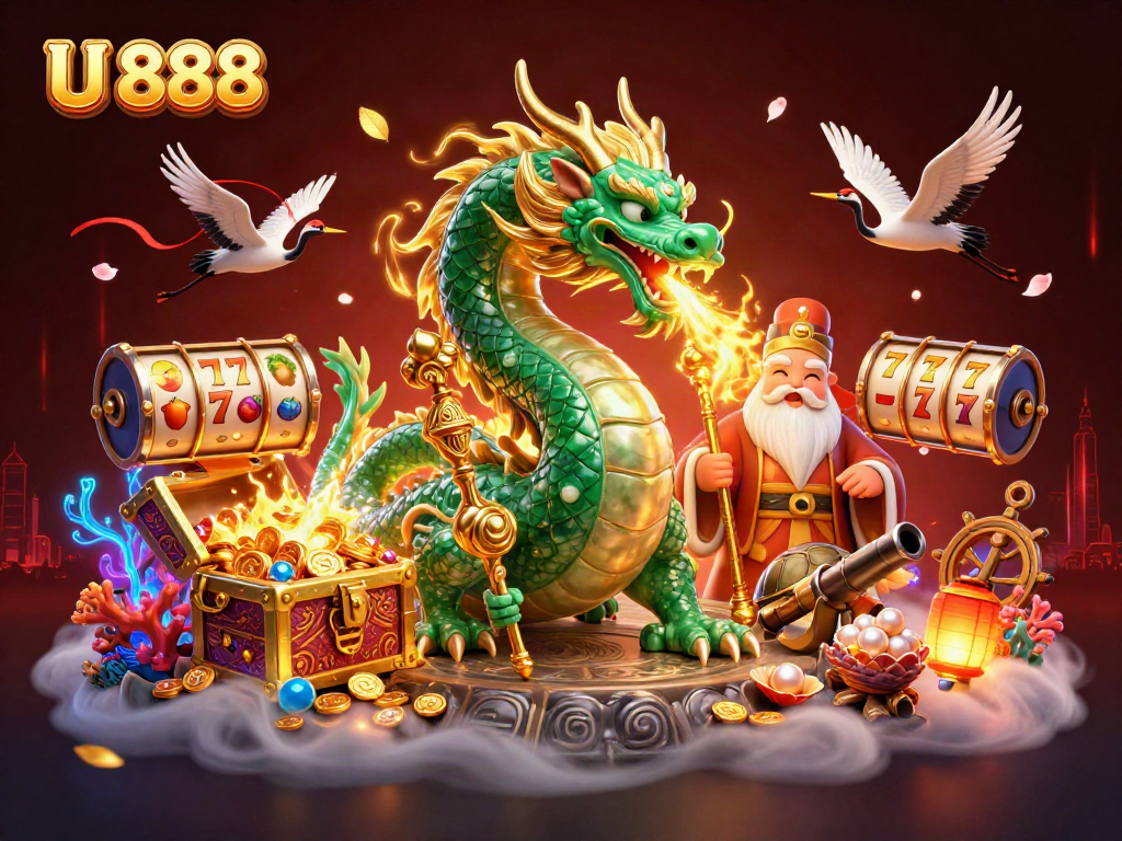 Experience the thrill of U 888 with our vibrant casino illustration featuring dragons and treasures.
