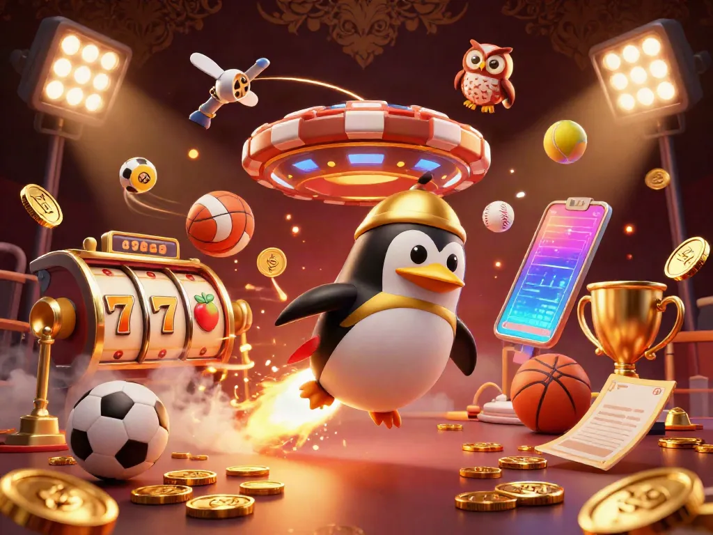 Experience thrilling slot action with a golden penguin, jackpot reels, and glittering coins in a casino scene.