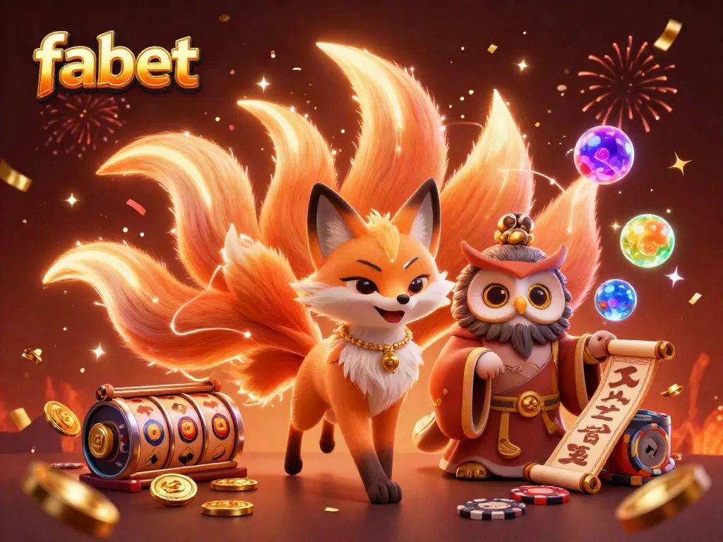 Engage with fabet's vibrant casino world featuring a nine-tailed fox, wise owl, and festive elements.