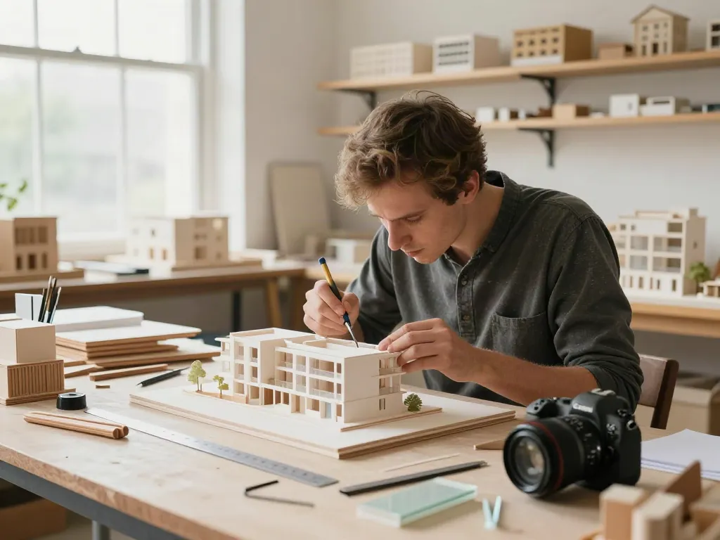 Modellbauer Aschaffenburg arbeitet an einem Architekturmodell in einem hellen Atelier.