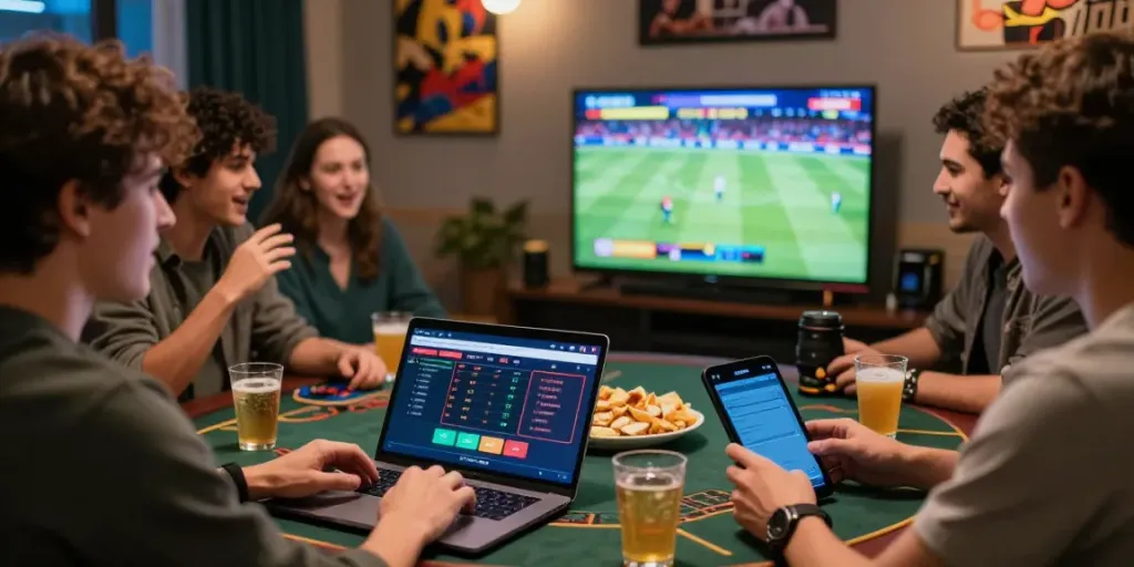 Social online betting at UK88 with friends enjoying sports and casino games in a lively atmosphere.