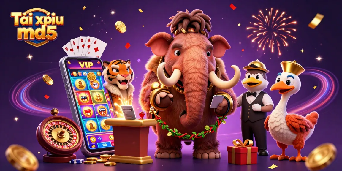 Experience the excitement of Tài xỉu md5 with a vibrant casino scene featuring engaging characters and games.
