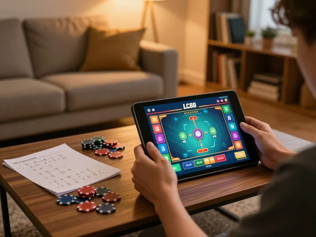 Player engaging with LC88 app on tablet, analyzing winning strategies in comfortable home setup.