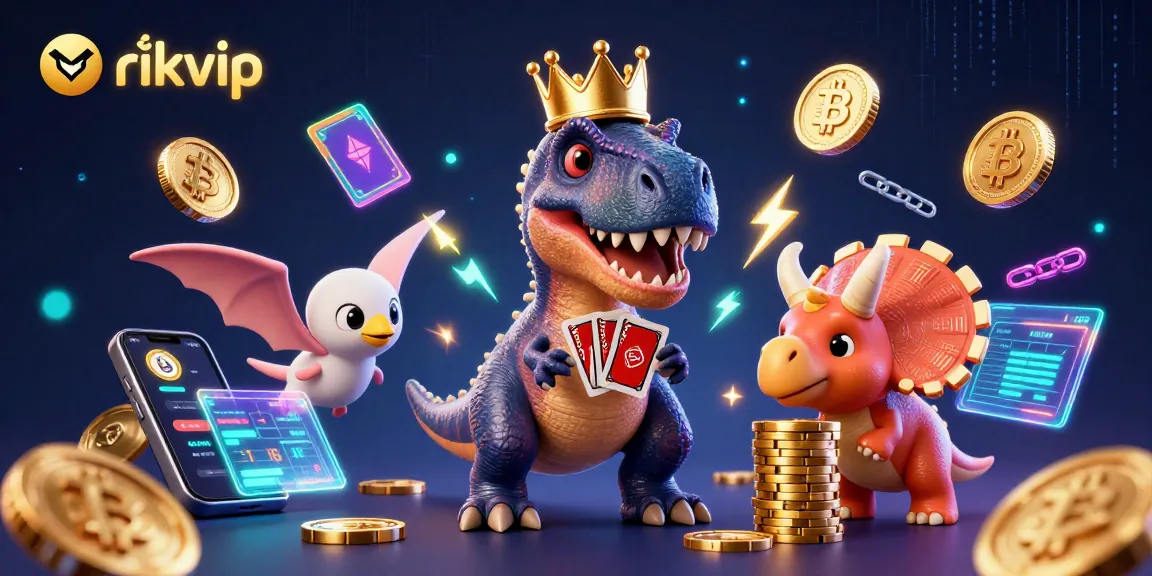 Betting in style with tải rikvip, featuring a cartoon T-Rex shuffling cards and crypto coins!