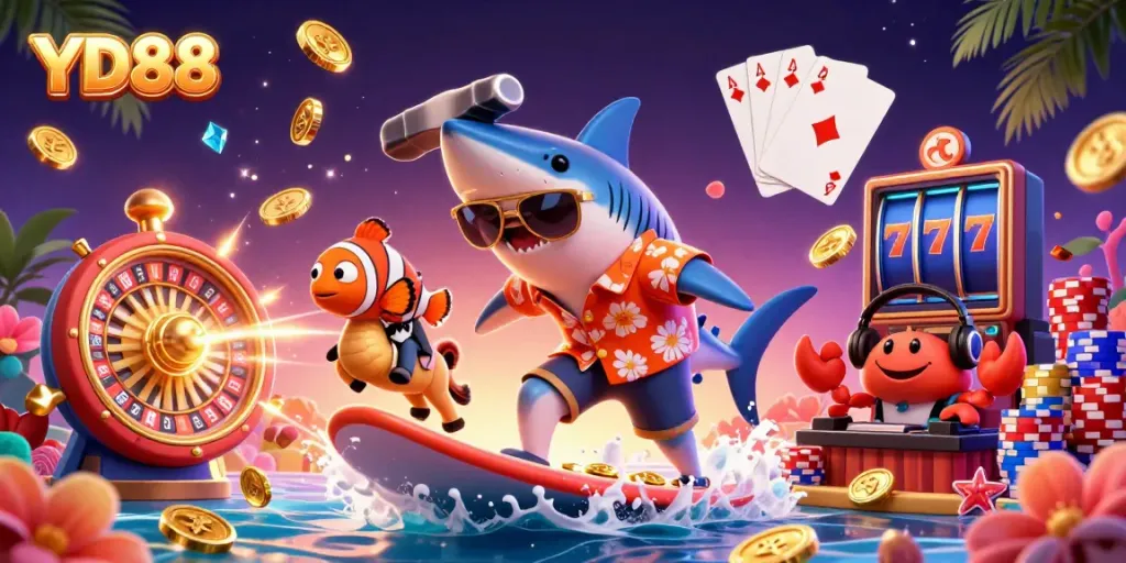 Experience thrilling gameplay at YD88 with vibrant casino elements featuring a shark, clownfish, and DJ.