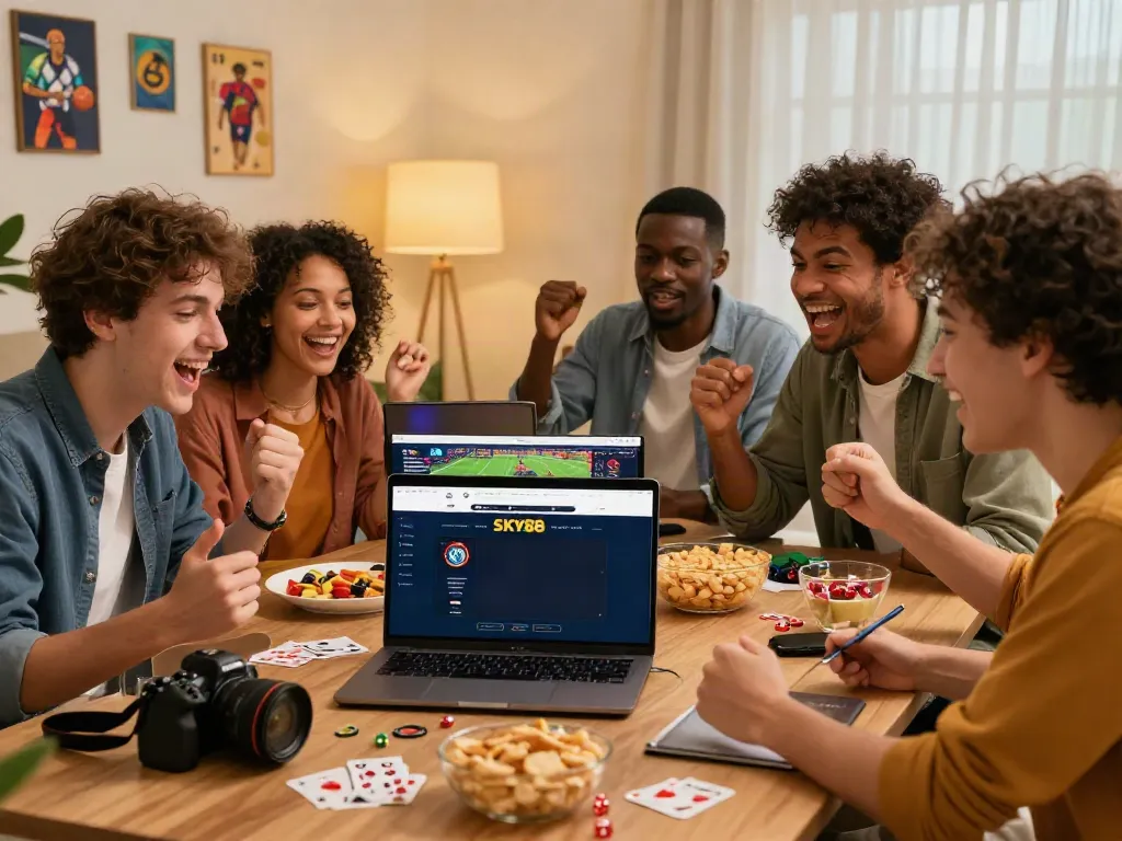 Exciting friends gathering to play online games at https://sky88tg.com/ in a lively living room environment.