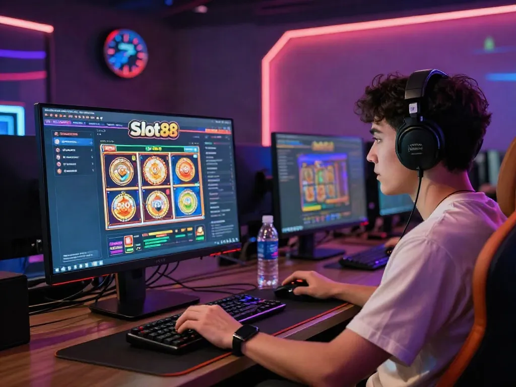 Immersive online gaming atmosphere featuring slot88 interface, colorful graphics, and focused gaming setup.