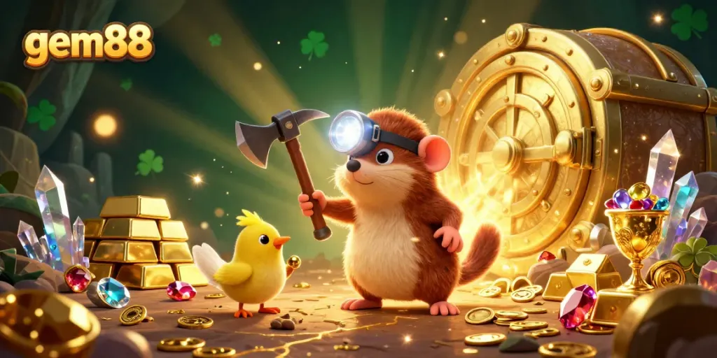 "Unleash treasure with gem88 as a treasure hunter mole discovers gems in a vibrant casino cave."