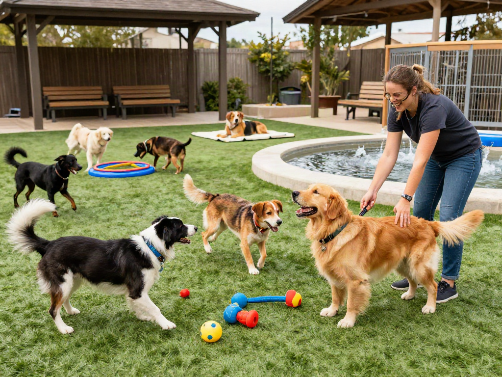 Cheerful dogs at a slot88 dog daycare playing and interacting in a vibrant outdoor space.