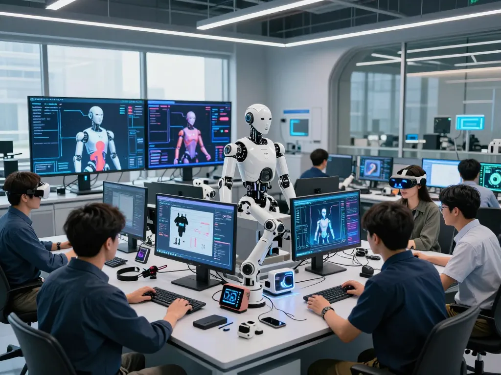 Engineers collaborating on advanced sex bot prototypes in a futuristic lab environment.